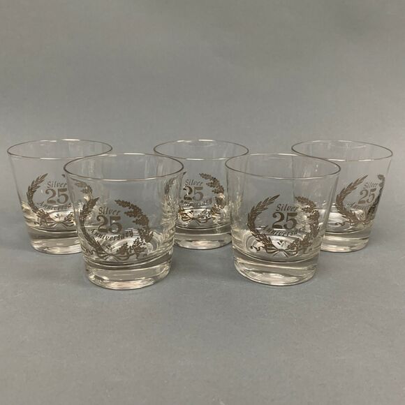 25th Silver Anniversary Old Fashion Clear Glasses Platinum 3 5/8" High Lot of 5 - Picture 1 of 7
